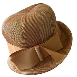 Vintage Mr. John Jr. Cloche bowler Straw hat with ribbon bow 1960s 60s retro tan